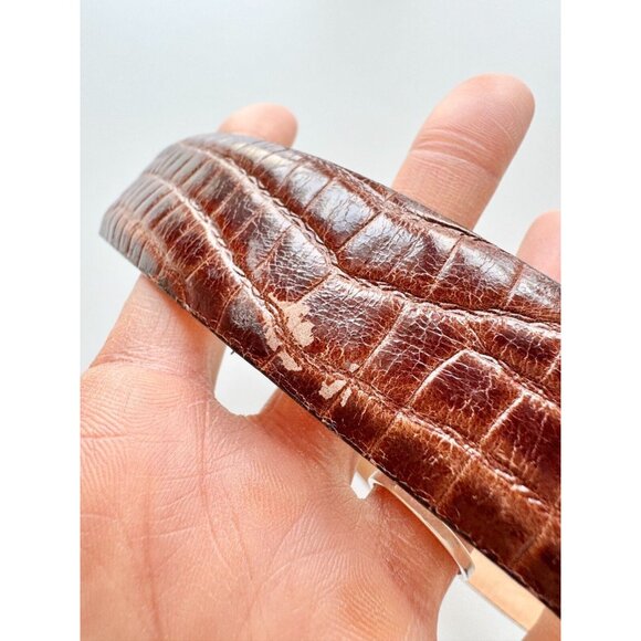 DANIER Brown Croc Embossed Leather Brushed Gold Buckle Hip Belt, Size M - Picture 6 of 14